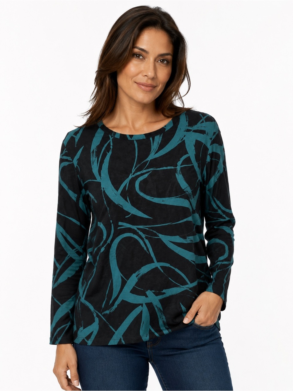 Chico’s Womens Size 4 XXL Black Teal Abstract Print Long Sleeve Tunic Top Blouse